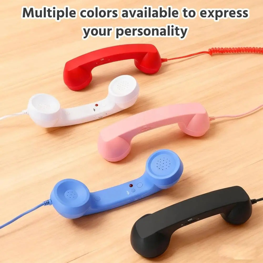 A collection of retro-style telephone handsets with coiled cords in red, white, pink, blue, and black.