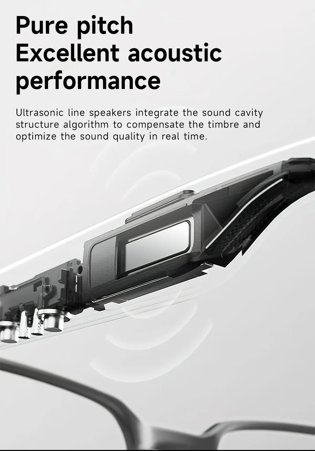 Close-up showing the internal speaker components inside the arm of a sleek, black pair of smart glasses.