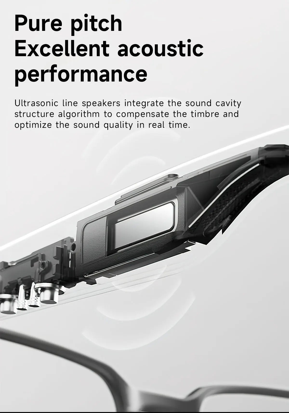 Close-up showing the internal speaker components inside the arm of a sleek, black pair of smart glasses.
