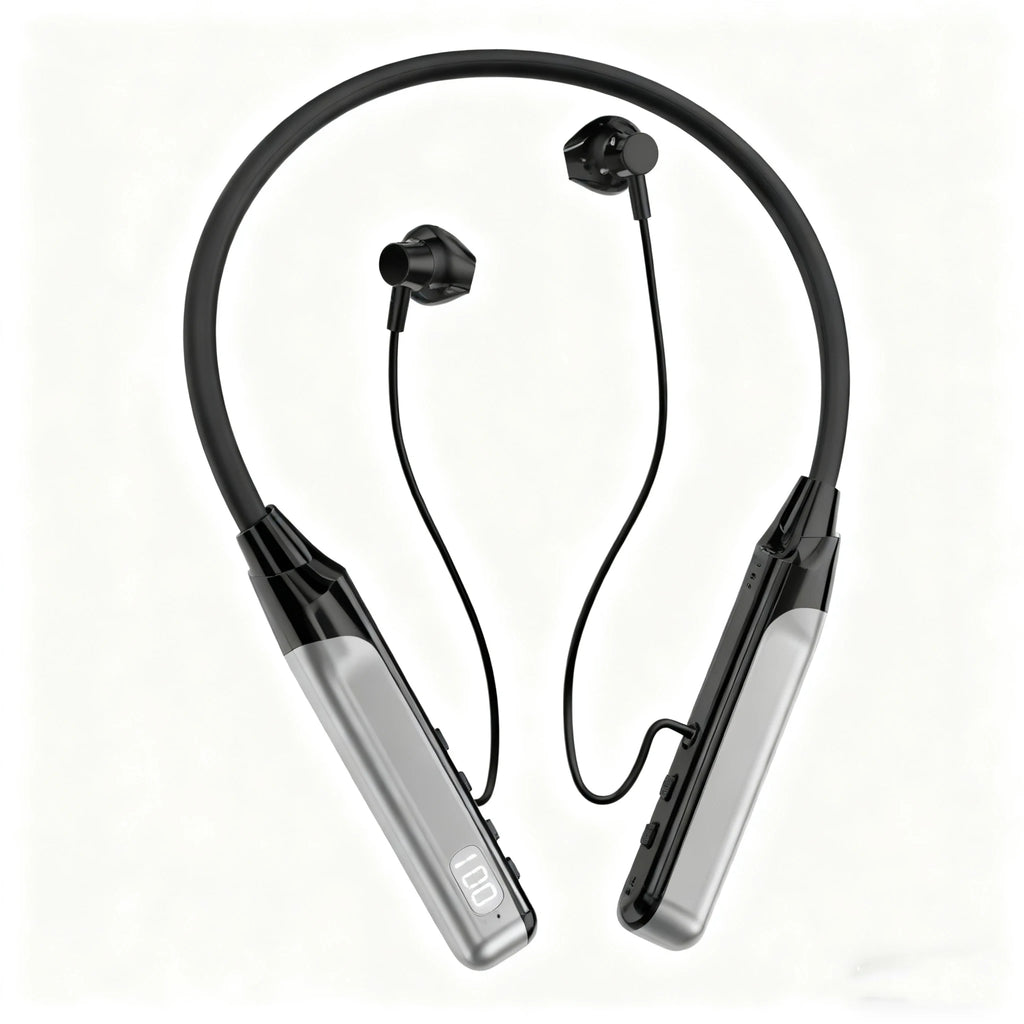 Black and silver wireless neckband headphones with magnetic earbuds and a digital battery display.