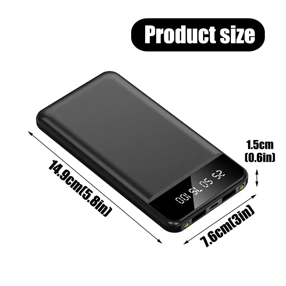 Black slimline power bank with a digital LED display, showing dimensions of 14.9cm by 7.6cm by 1.5cm.