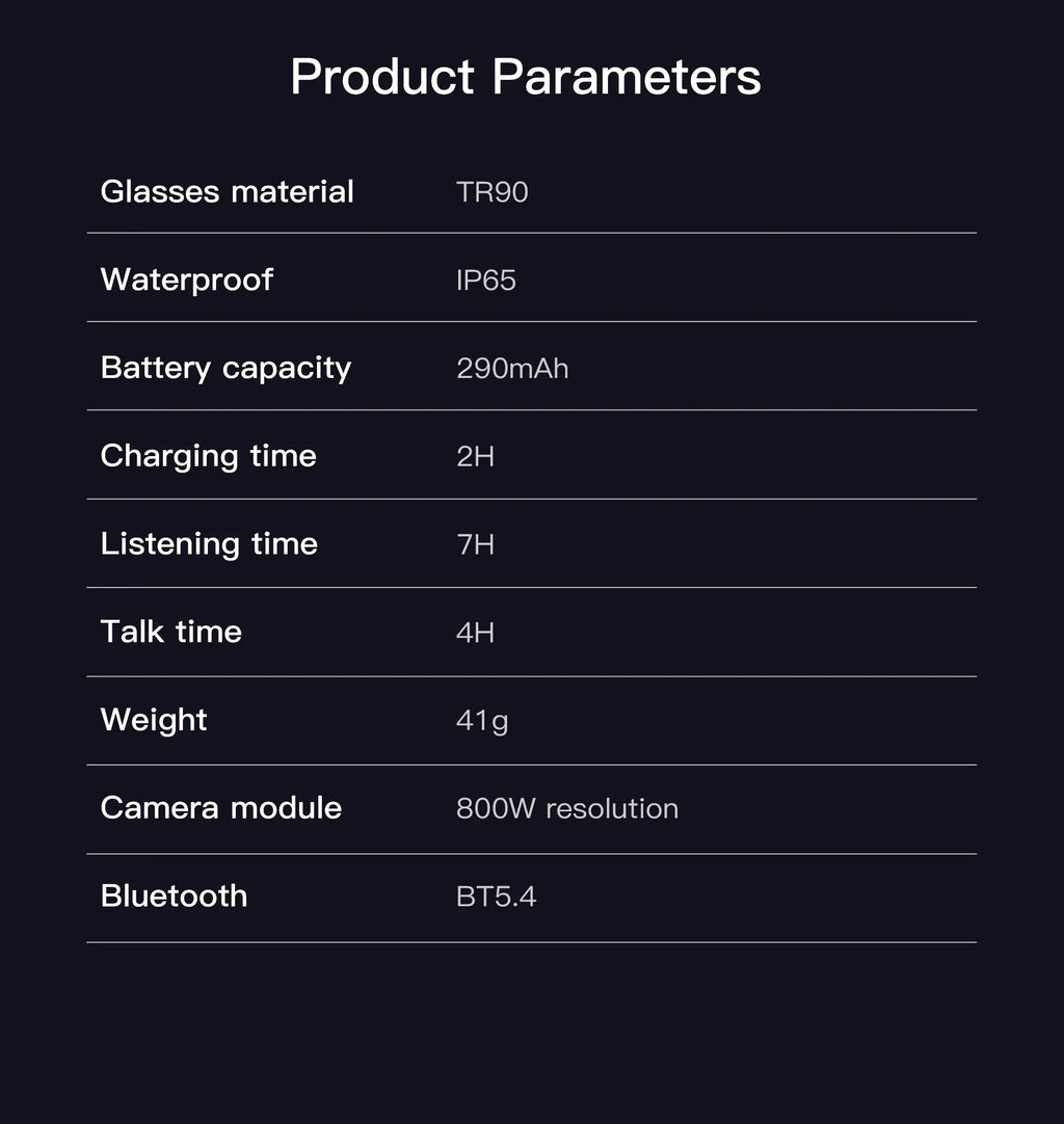 Technical specifications table for Smart AI translation glasses, highlighting durability, battery life, and connectivity.