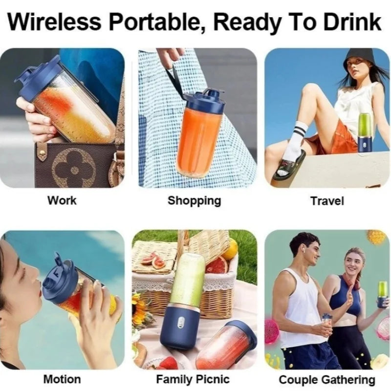 Portable, wireless navy blue blender bottle for travel and everyday use. Compact design with a carry strap.