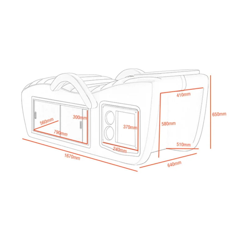 Technical line drawing of a professional massage bed featuring built-in side storage and detailed dimension labels.