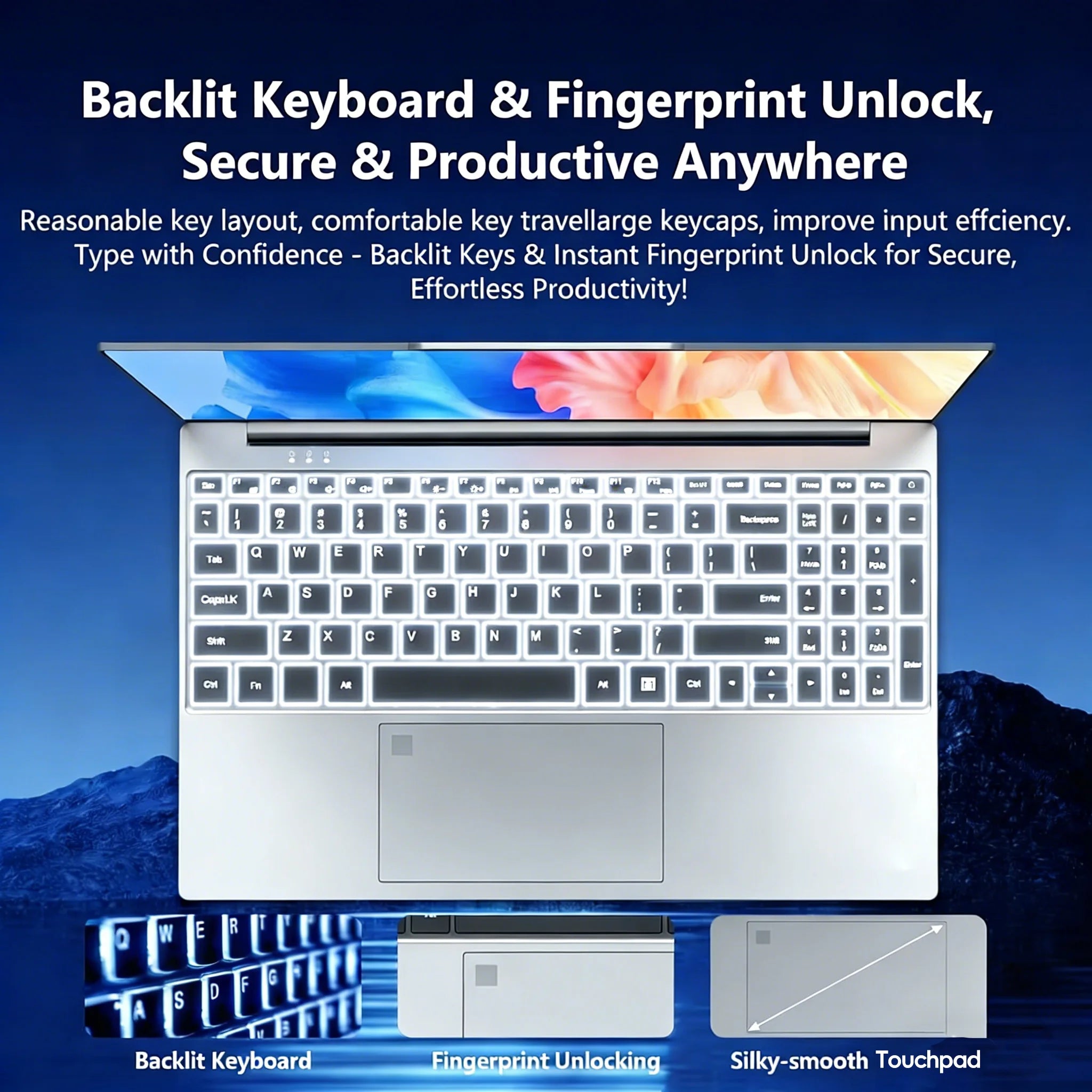 Silver 15-inch laptop featuring a backlit keyboard, fingerprint reader and large, smooth touchpad.