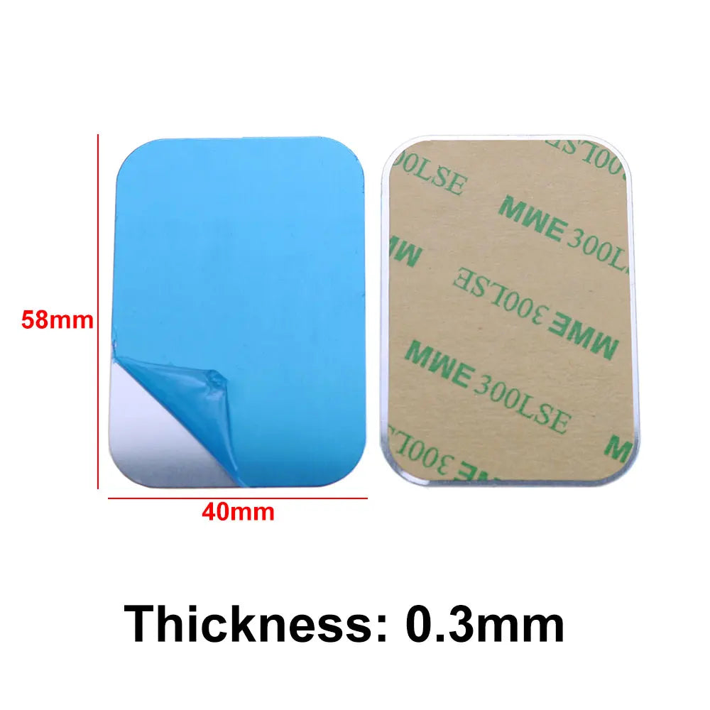 Two rectangular adhesive metal plates, 58x40mm and 0.3mm thick, showing both the blue protective film and tan backing.