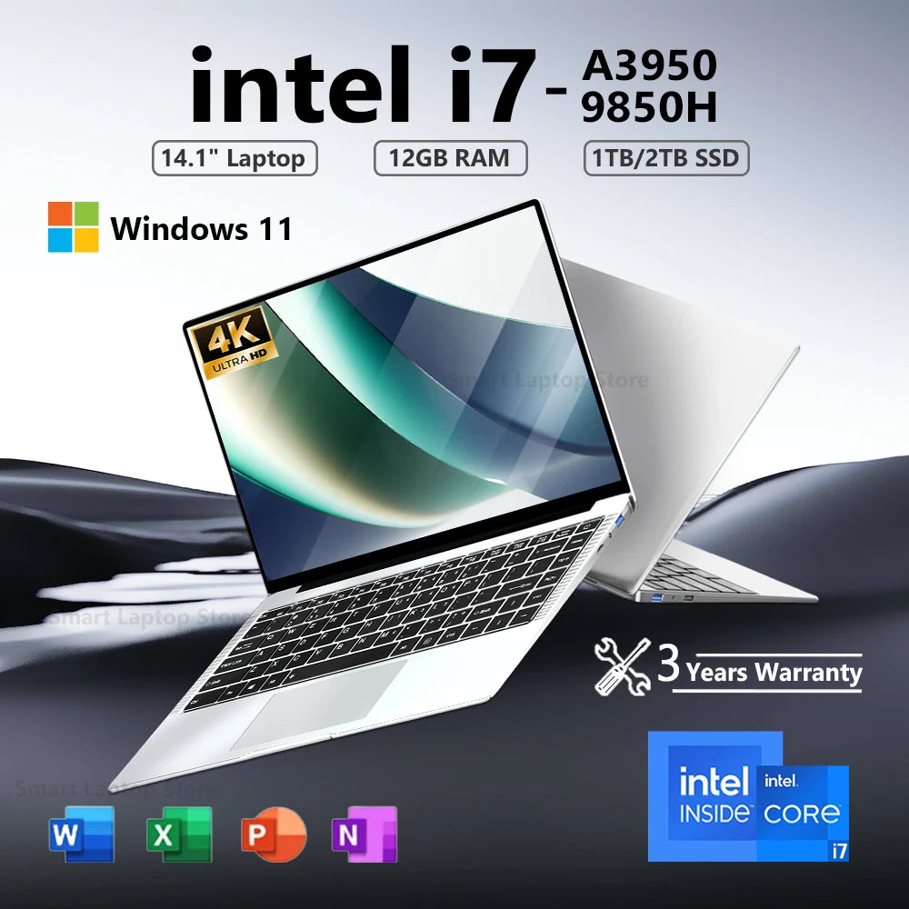 Sleek, silver 14.1-inch laptop with 4K screen, black keyboard, 12GB RAM, 1TB SSD, and Windows 11.
