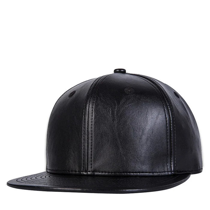 Men's black faux leather baseball cap featuring a structured six-panel design and a flat brim.