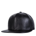 Men's black faux leather baseball cap featuring a structured six-panel design and a flat brim.
