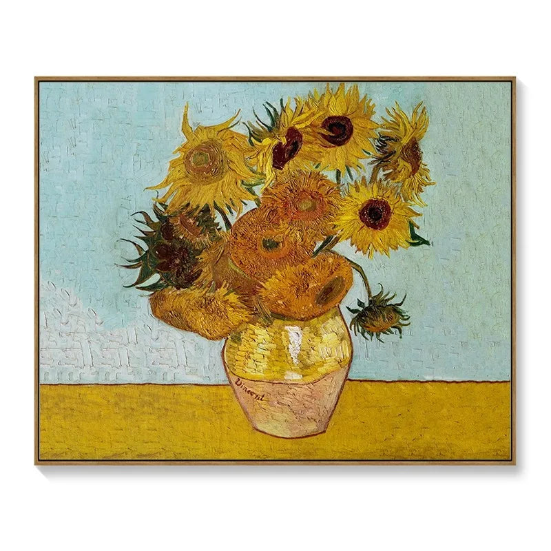 Decorative wall art meter box cover featuring Van Gogh's Sunflowers in a yellow, gold and pale blue palette.