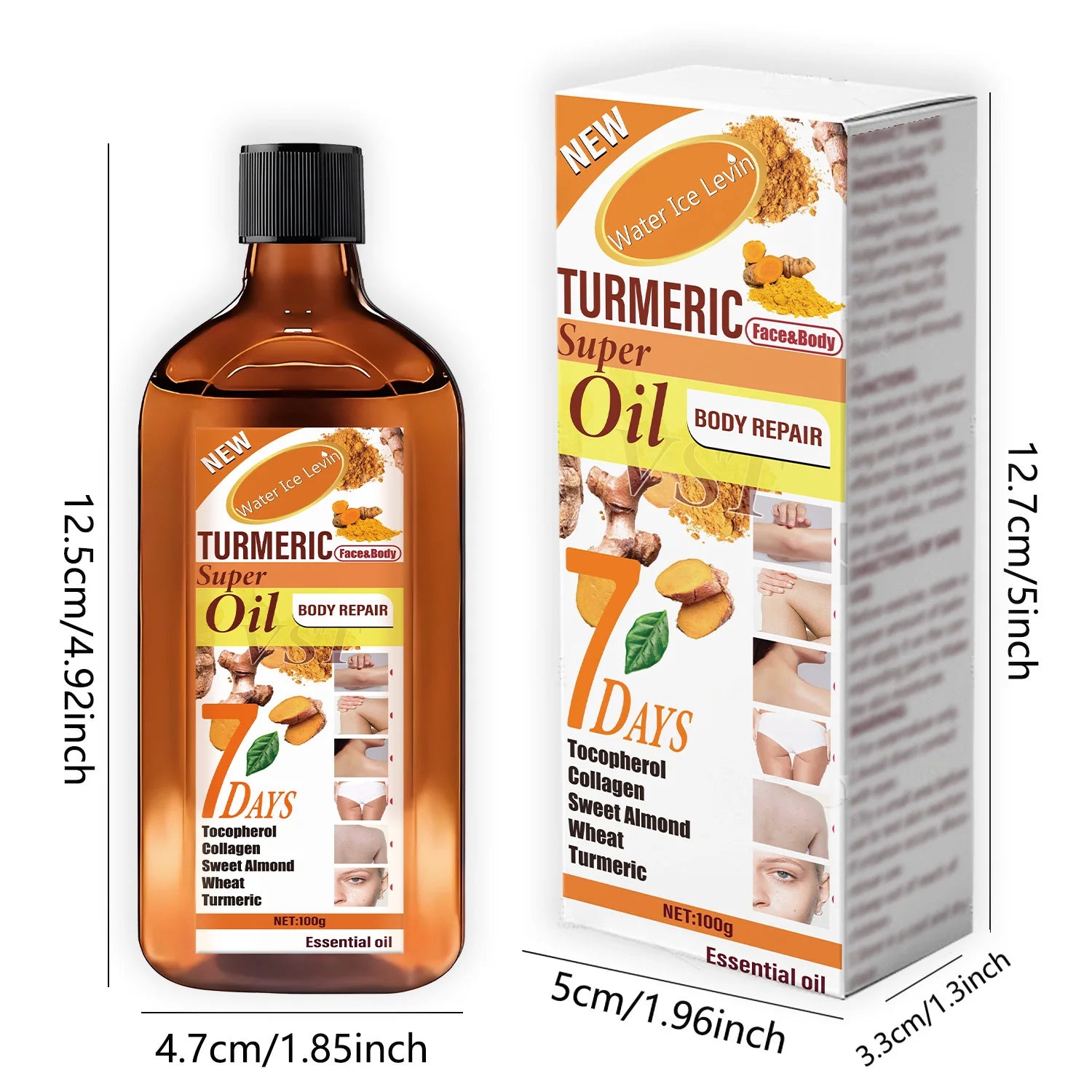 Turmeric body repair oil in a brown bottle and matching box with clear measurement dimensions.
