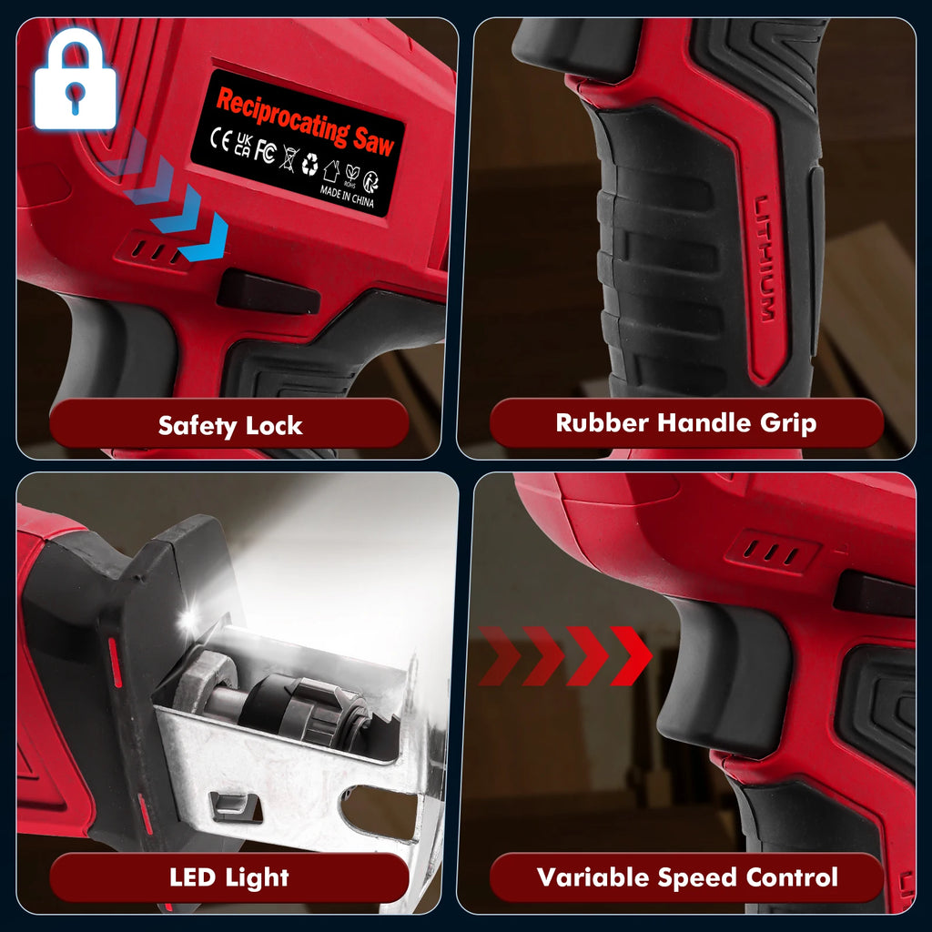 Four-panel detail of red electric reciprocating saw highlighting safety lock, rubber grip, LED light, and trigger.