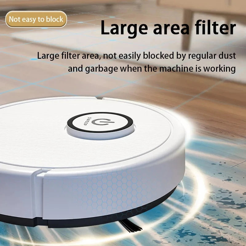 White robotic vacuum cleaner on a wooden floor, with text overlays highlighting a large area filter.