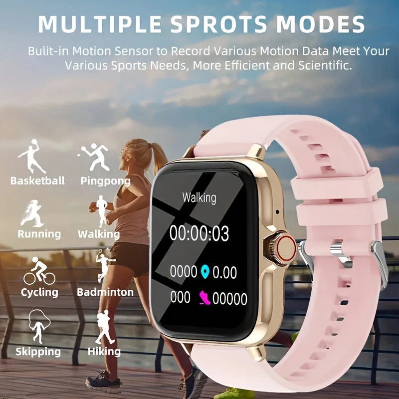 A light pink smartwatch with a gold casing, showing fitness tracking data on screen with icons for multiple sports.