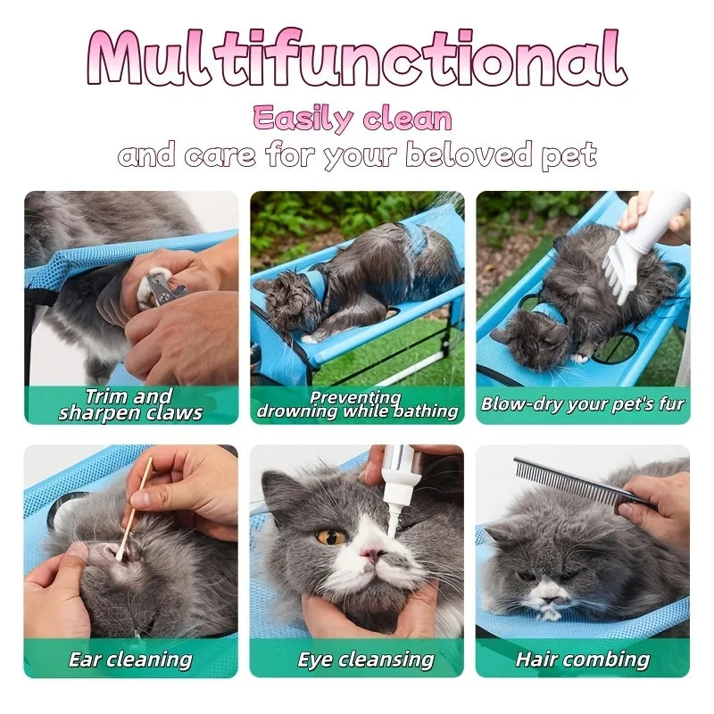 Blue foldable pet grooming table and hammock with a cat shown during various care tasks like trimming and bathing.
