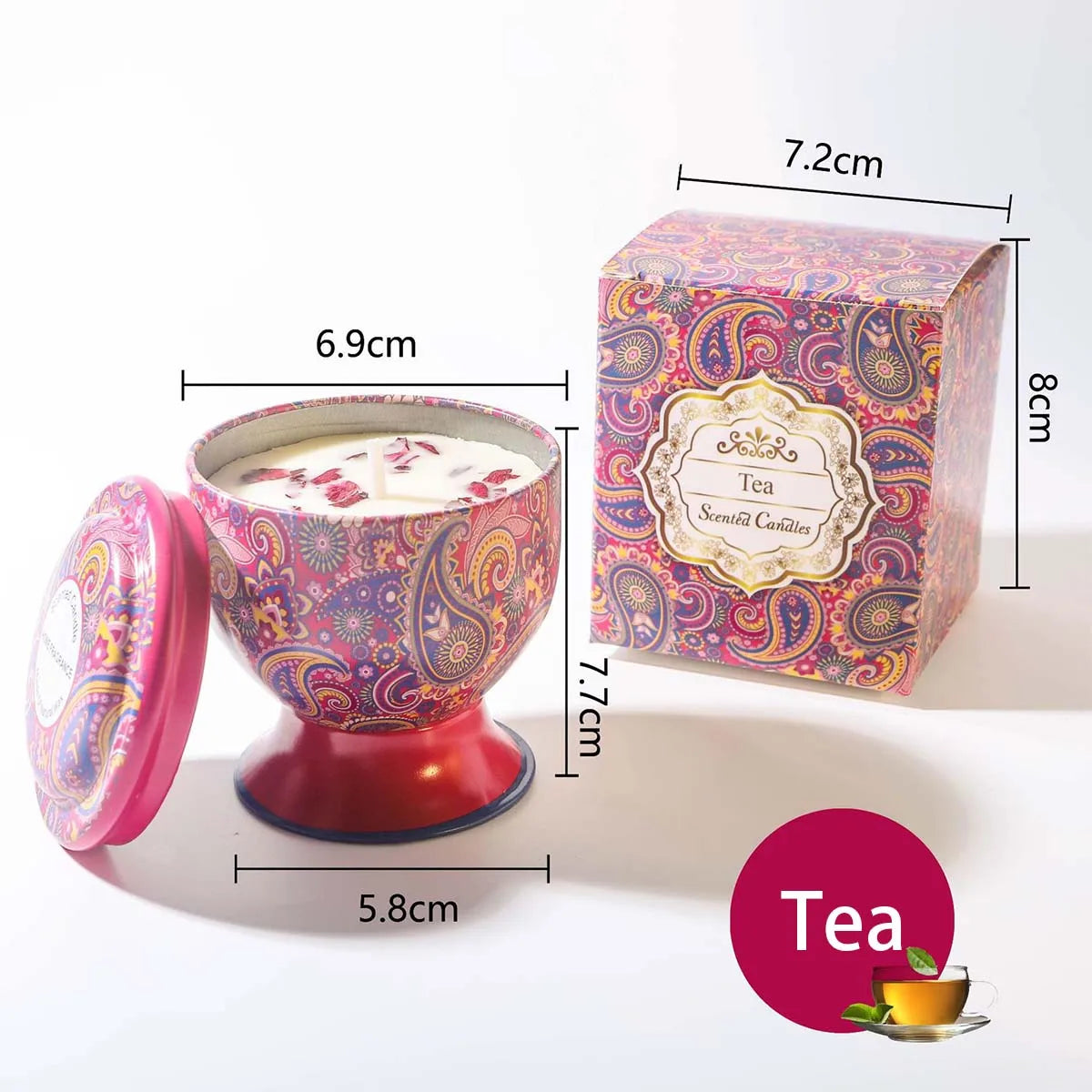 Scented tea candle in a decorative, colourful paisley metal tin with matching box and lid, featuring floral wax detail.