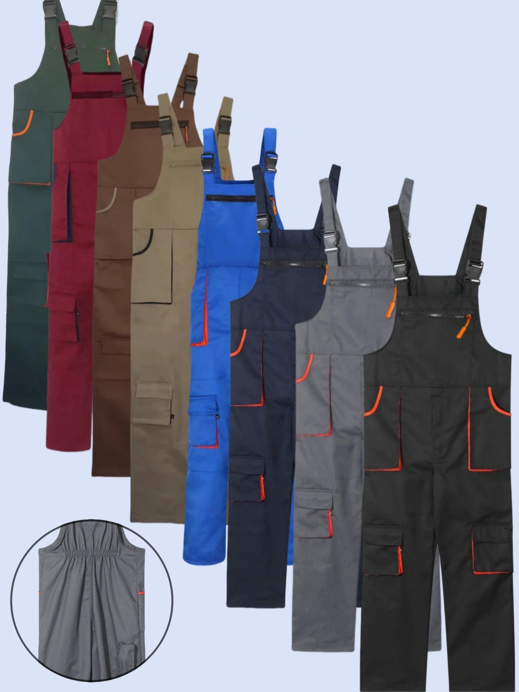 A row of multi-pocket heavy-duty workshop bib and brace overalls in various colours with adjustable shoulder straps.