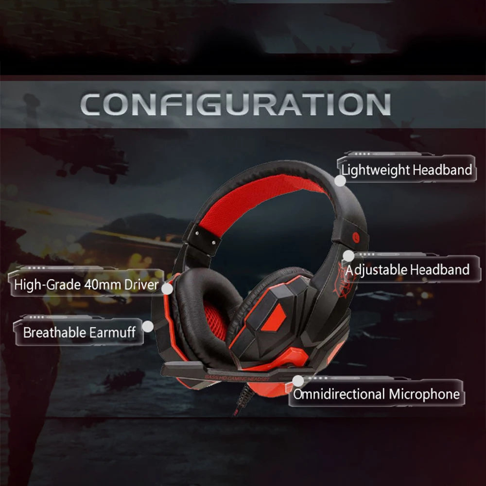 Black and red wired gaming headset featuring an adjustable, lightweight headband and an omnidirectional microphone.