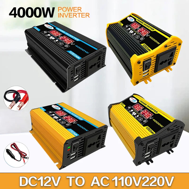 Black and yellow 4000W DC to AC power inverters featuring LED displays, multiple sockets, USB ports and battery cables.