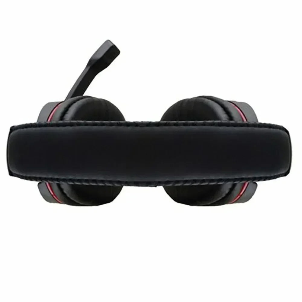Black gaming headset with a padded headband, cushioned ear cups with red accents, and an adjustable microphone.