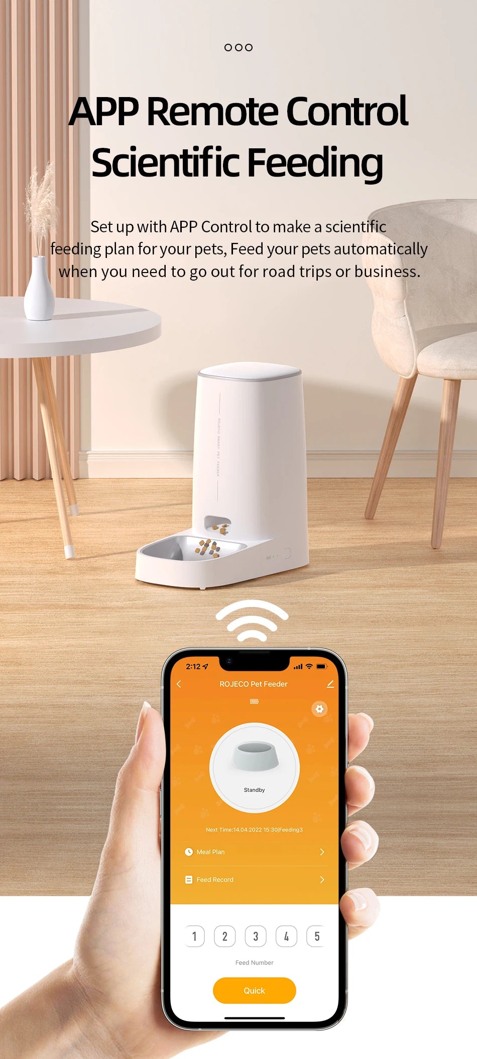 White automatic pet feeder controlled by a smartphone app shown in hand. Modern, minimalist design on a wooden floor.