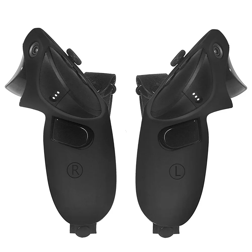 Black silicone VR controller grip covers with adjustable hand straps and R and L markings.