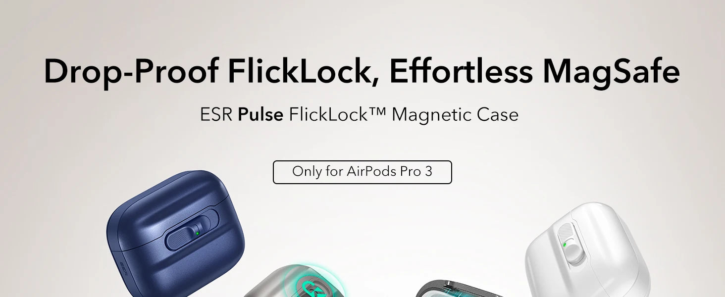ESR Pulse FlickLock magnetic case for AirPods Pro 3 in navy and white. Durable, drop-proof design.