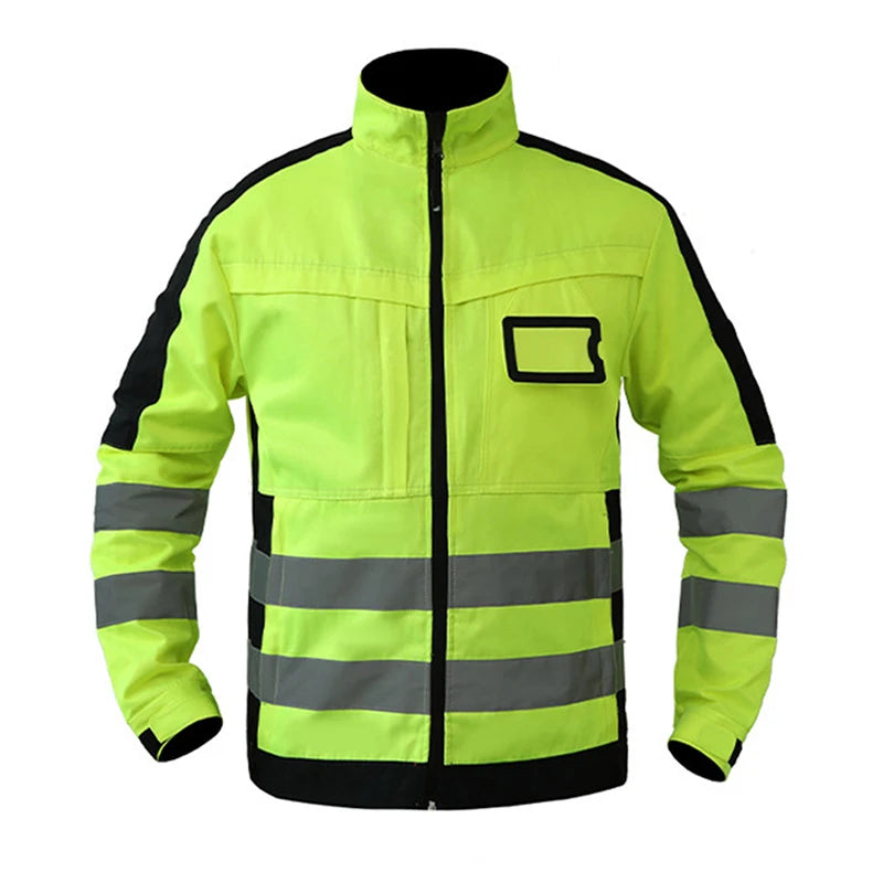 High-visibility yellow work jacket with black accents, reflective strips, front zipper, and chest pocket.