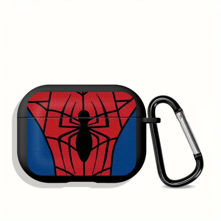 Black Spider-Man silicone AirPods Pro case with red and blue graphic, complete with a metal carabiner clip.