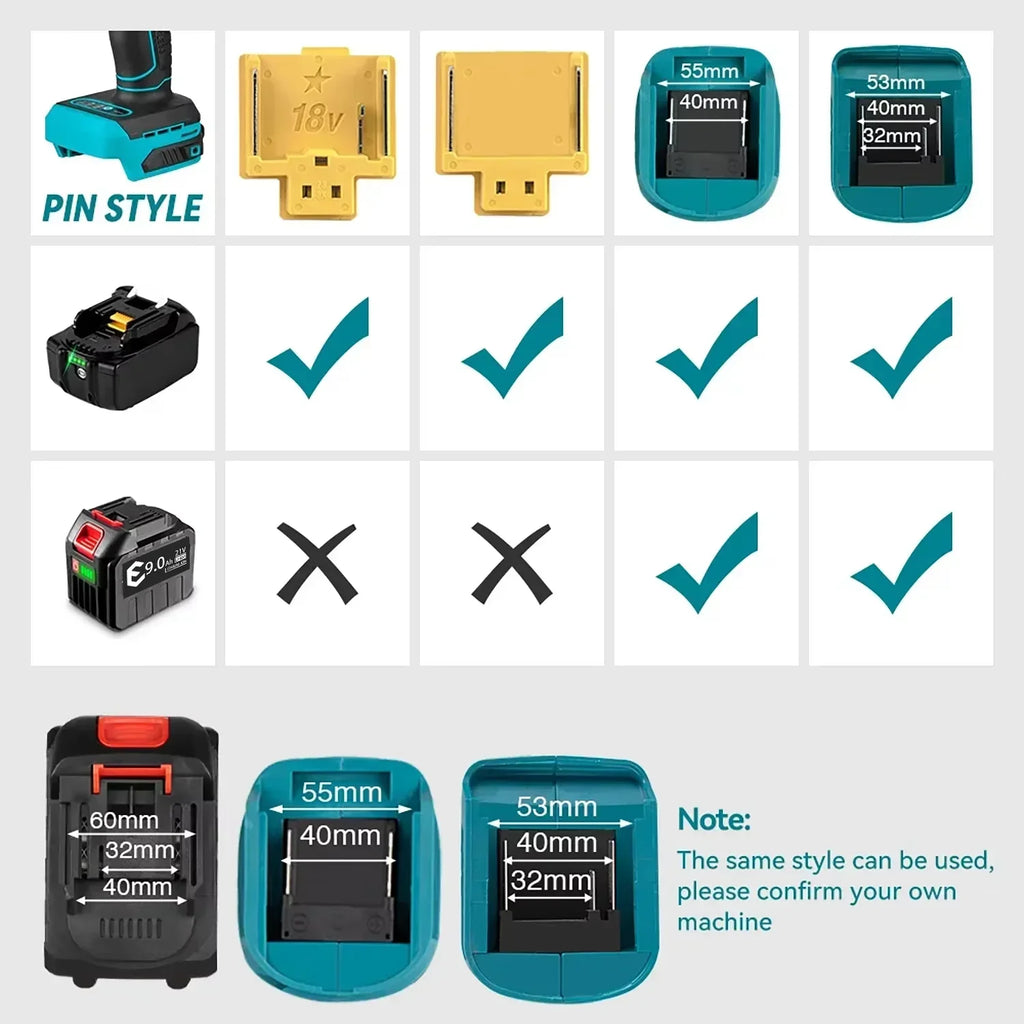 Black and teal 21V Li-ion battery pack compatibility chart showing pin style and dimensions for tool fittings.