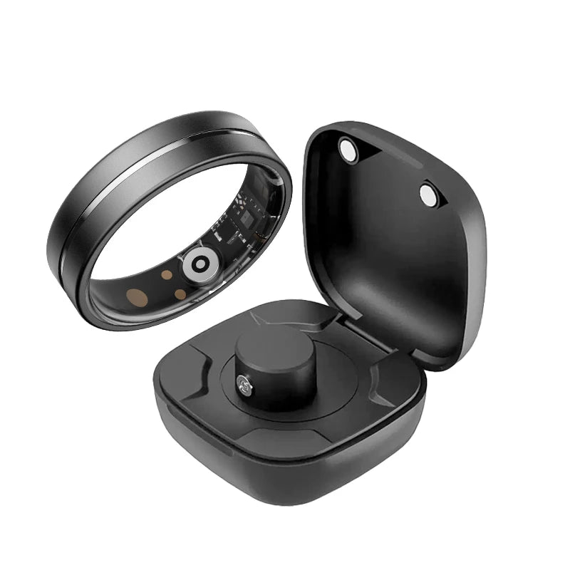 A sleek matte black smart fitness ring with internal health sensors, shown with its matching charging case.
