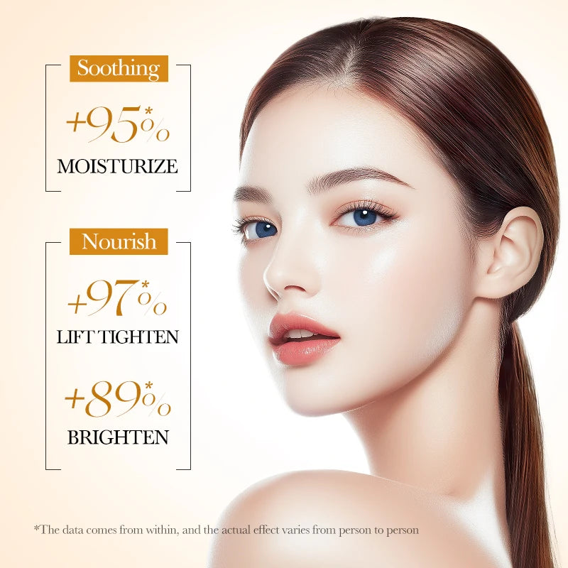 Portrait of a woman with radiant, clear skin highlighting moisturizing, firming, and brightening skincare benefits.