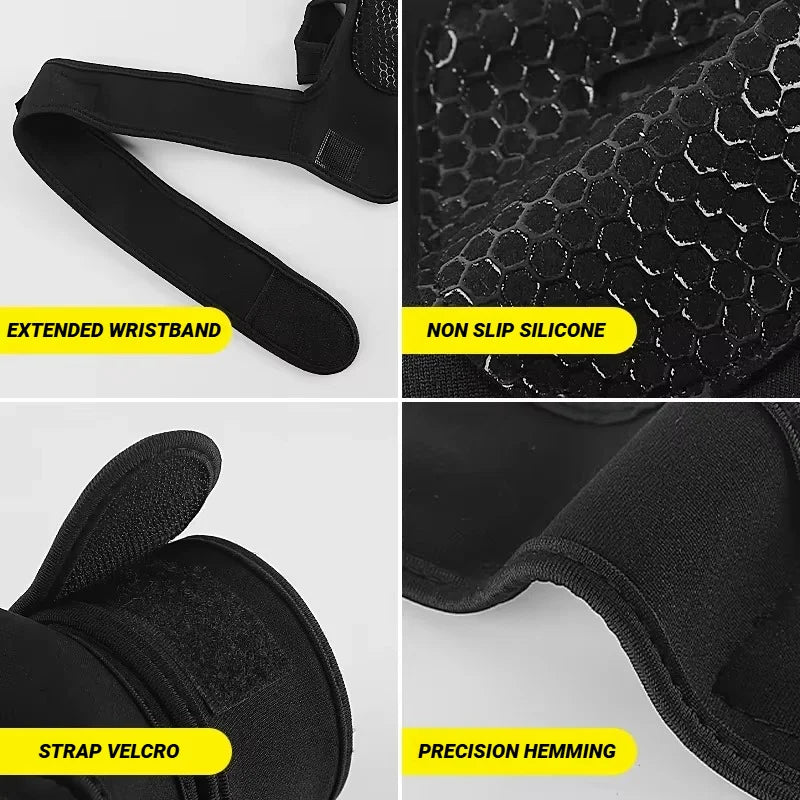 Four panels showing a black sports wrist support with an adjustable velcro strap, silicone grip, and neat hemming.