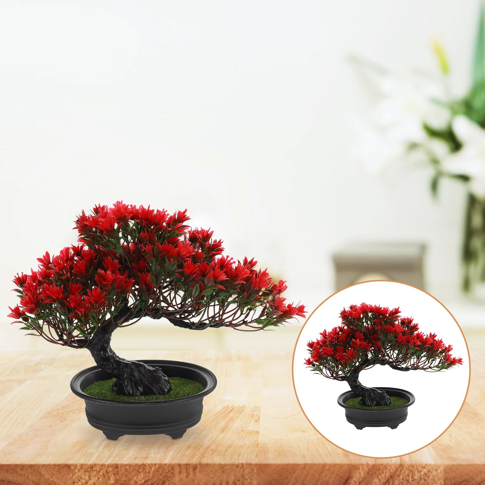 Artificial bonsai tree with vibrant red leaves and a textured black trunk, set in a black shallow round pot.