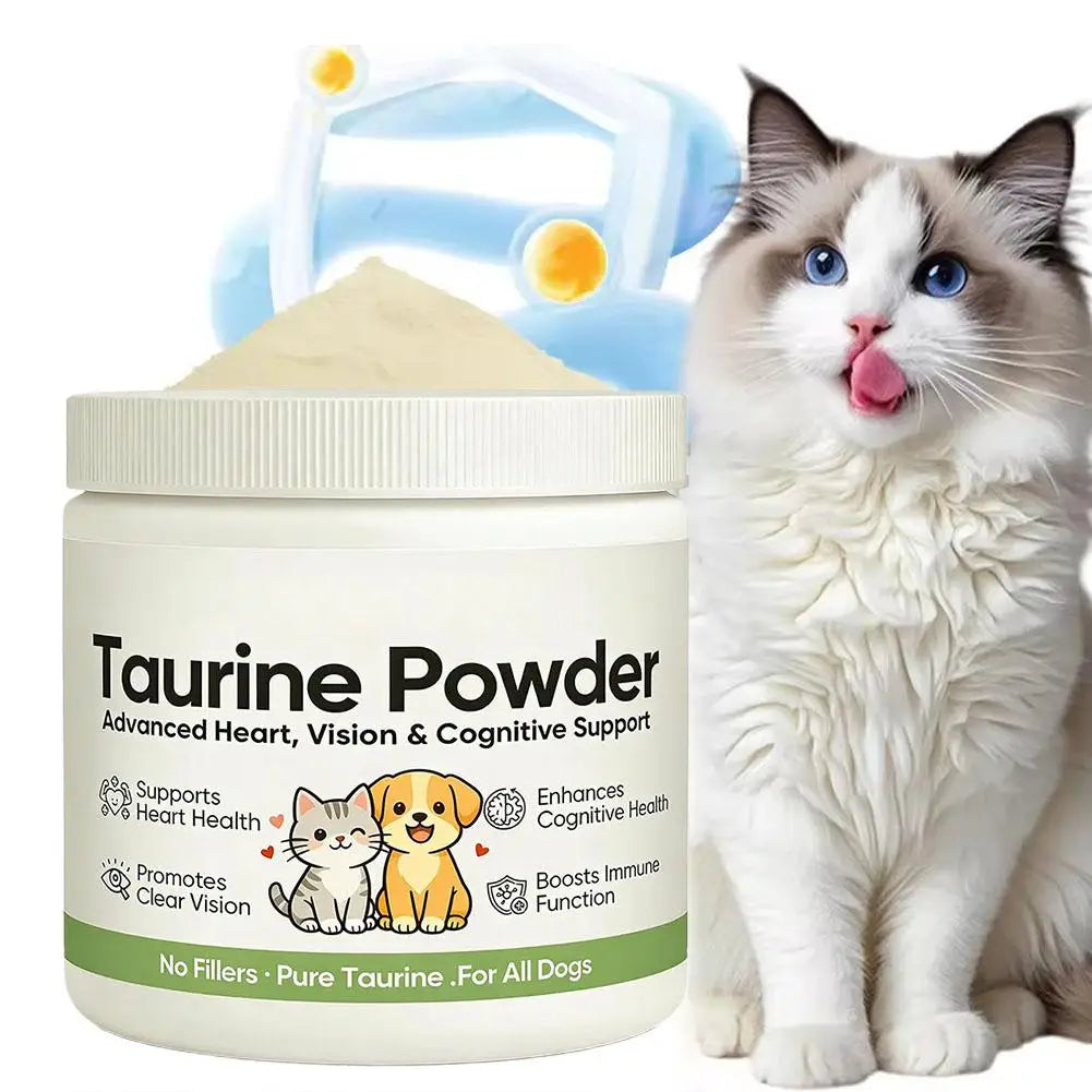 White jar of taurine powder for pets, supporting heart, vision, and immune health, next to a fluffy cat.
