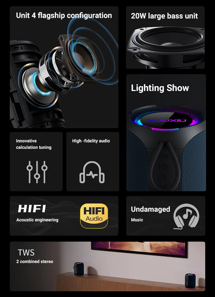 Black 40W portable Bluetooth speaker with 360-degree stereo sound, LED lighting, and high-fidelity bass drivers.