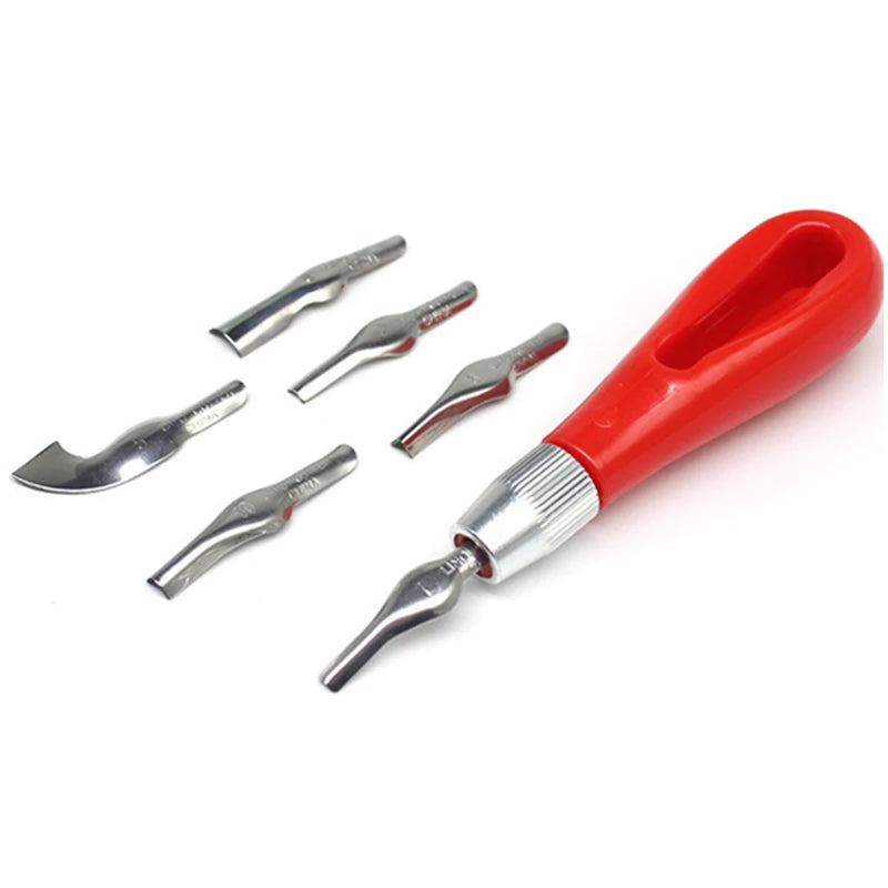 Linoleum cutting tool set with a red handle and five interchangeable steel blades for carving and printmaking.