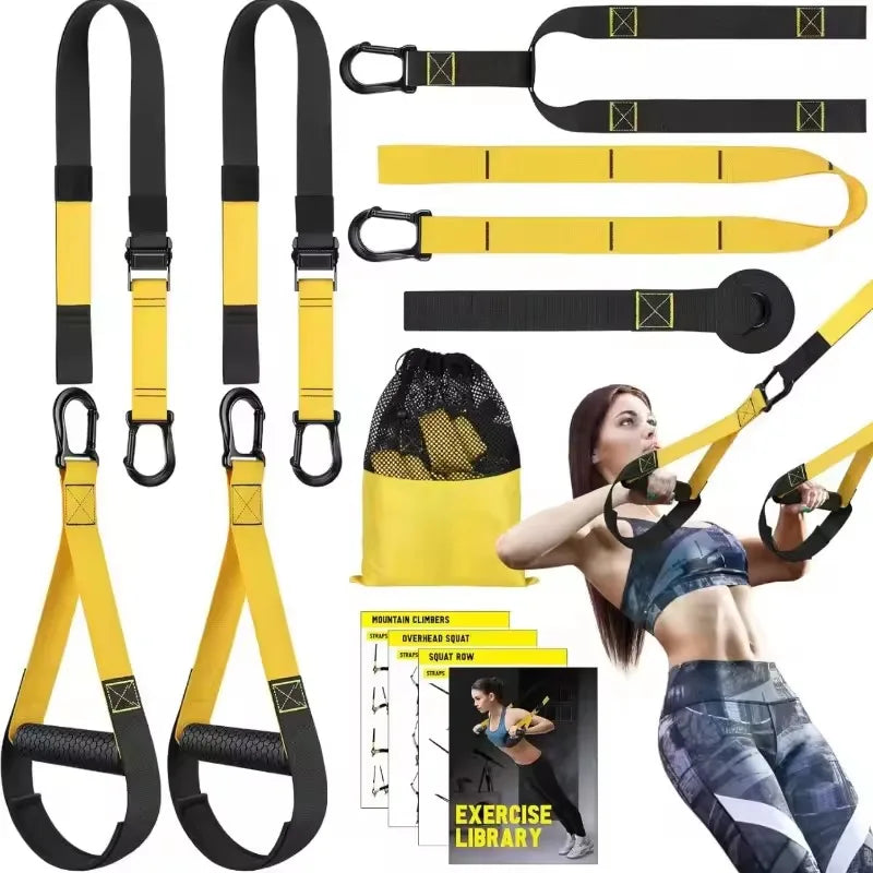Yellow and black suspension training system with straps, handles, carabiners, door anchor, mesh bag, and exercise guides.