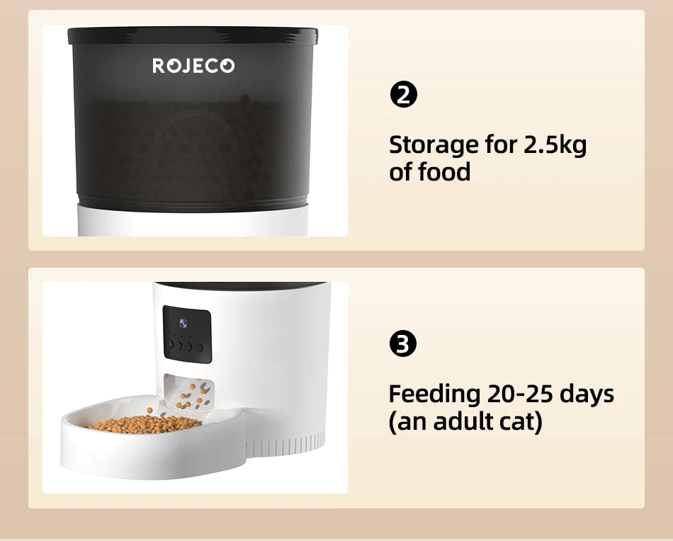 White and black automatic pet feeder with 2.5kg capacity, showing food storage and feeding bowl features.
