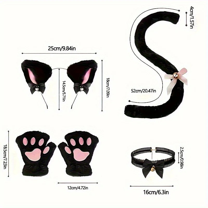 Black cat costume set with fuzzy ears, paw gloves, tail with bow, and collar with bell. Measurements are shown.