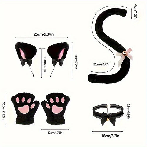 Black cat costume set with fuzzy ears, paw gloves, tail with bow, and collar with bell. Measurements are shown.