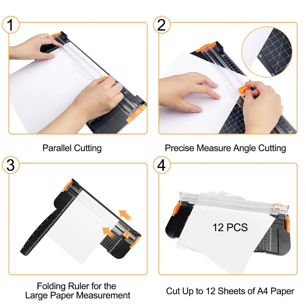 Black and orange paper trimmer with folding ruler, showing parallel, angle, and 12-sheet capacity cutting features.