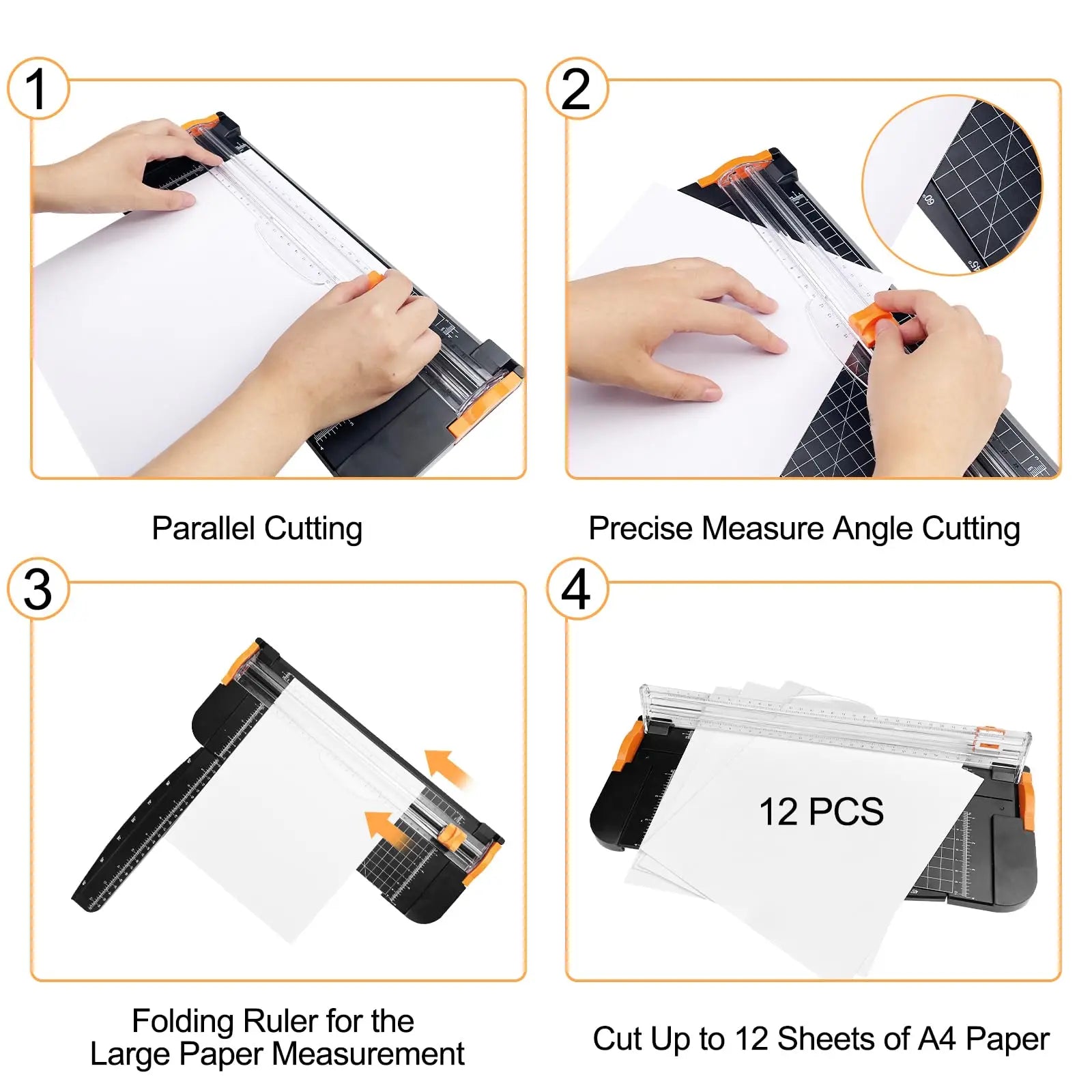 Black and orange paper trimmer with folding ruler, showing parallel, angle, and 12-sheet capacity cutting features.