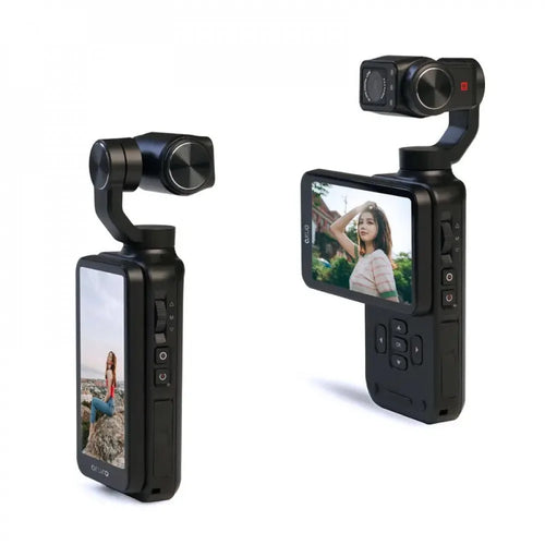 Black handheld plastic gimbal camera with a 3-axis stabilizer, integrated screen, and physical control buttons.