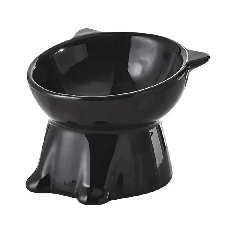 Glossy black cat-shaped elevated pet bowl with a 15-degree tilt for comfortable feeding.