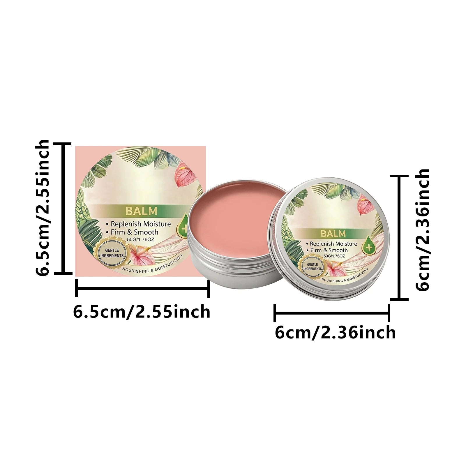 Open round tin of moisturizing pink balm with tropical floral label, shown with dimensions.