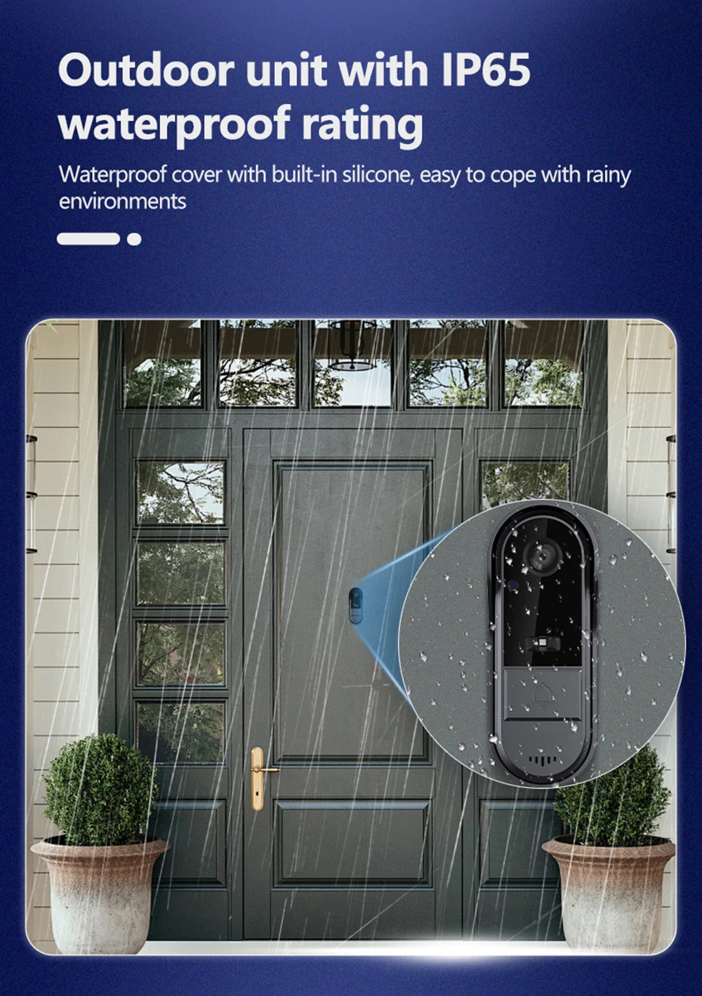 Sleek, black waterproof wireless video doorbell mounted on a grey front door during a rainstorm.