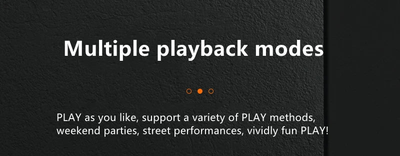 Text overlay on a black textured background highlighting multiple playback modes for a 30W wireless Bluetooth speaker.