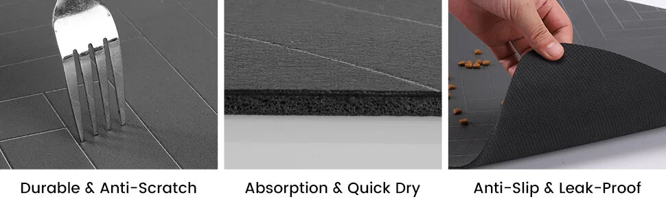 Dark grey, anti-slip, absorbent mat with a scratch-resistant, leak-proof, herringbone-patterned surface.
