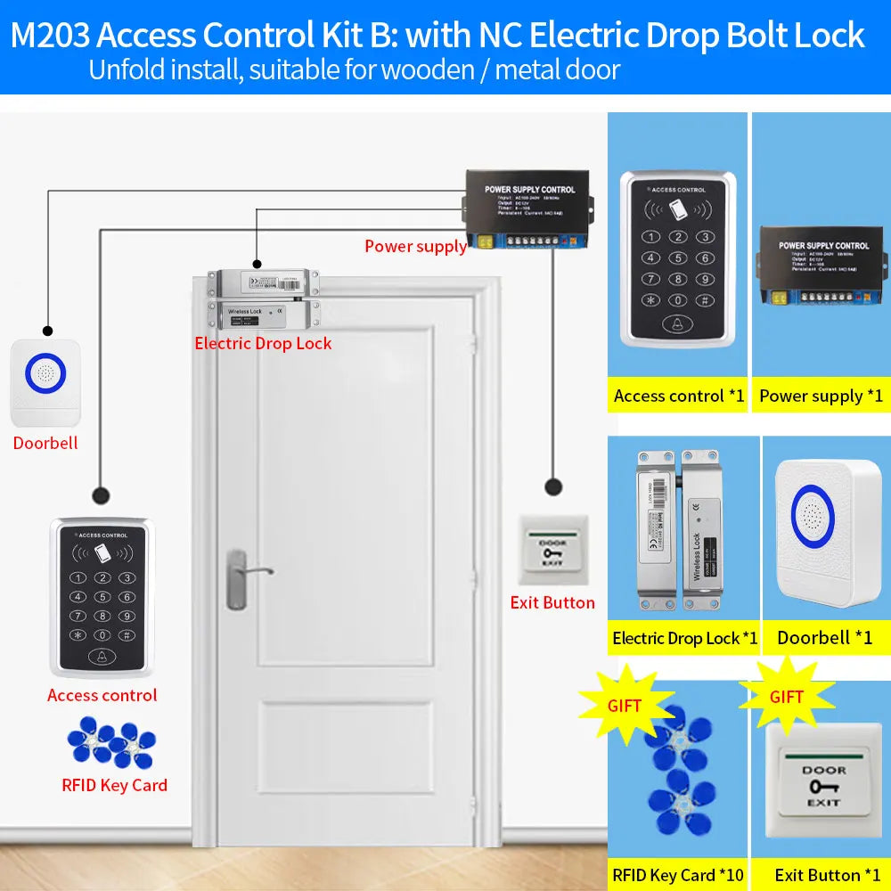 M203 access control kit including silver metal drop lock, keypad, doorbell, power supply, exit button and RFID cards.